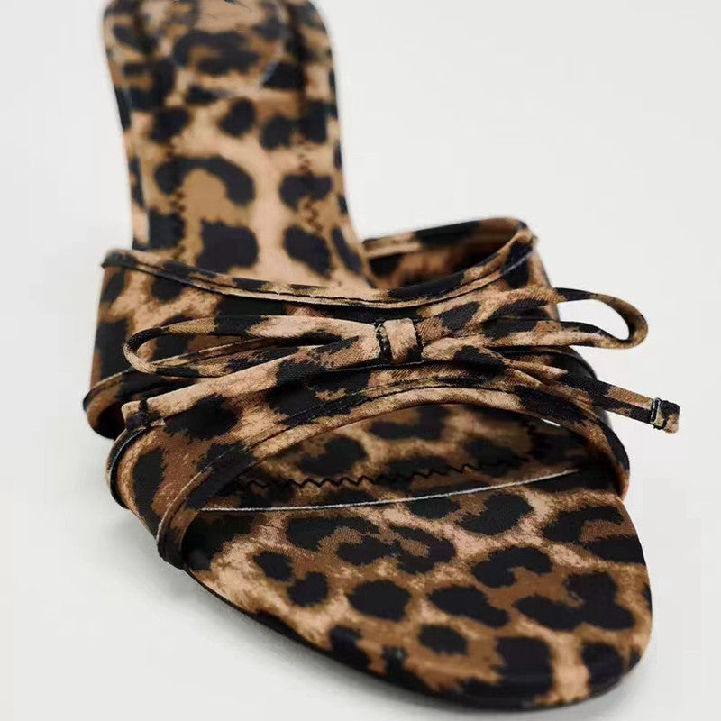 Bow Leopard Print Kitten Heel Sandals