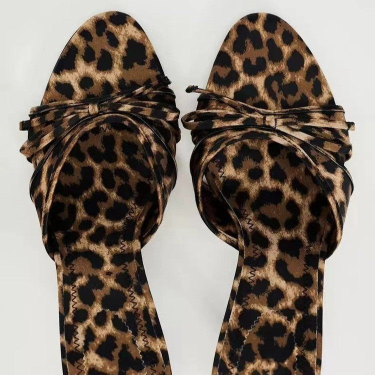 Bow Leopard Print Kitten Heel Sandals