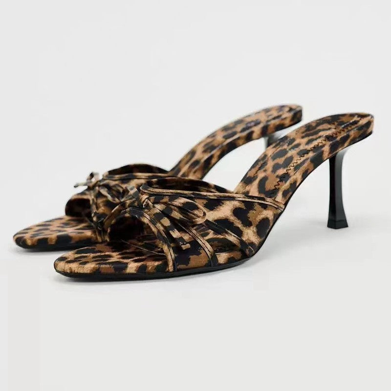 Bow Leopard Print Kitten Heel Sandals