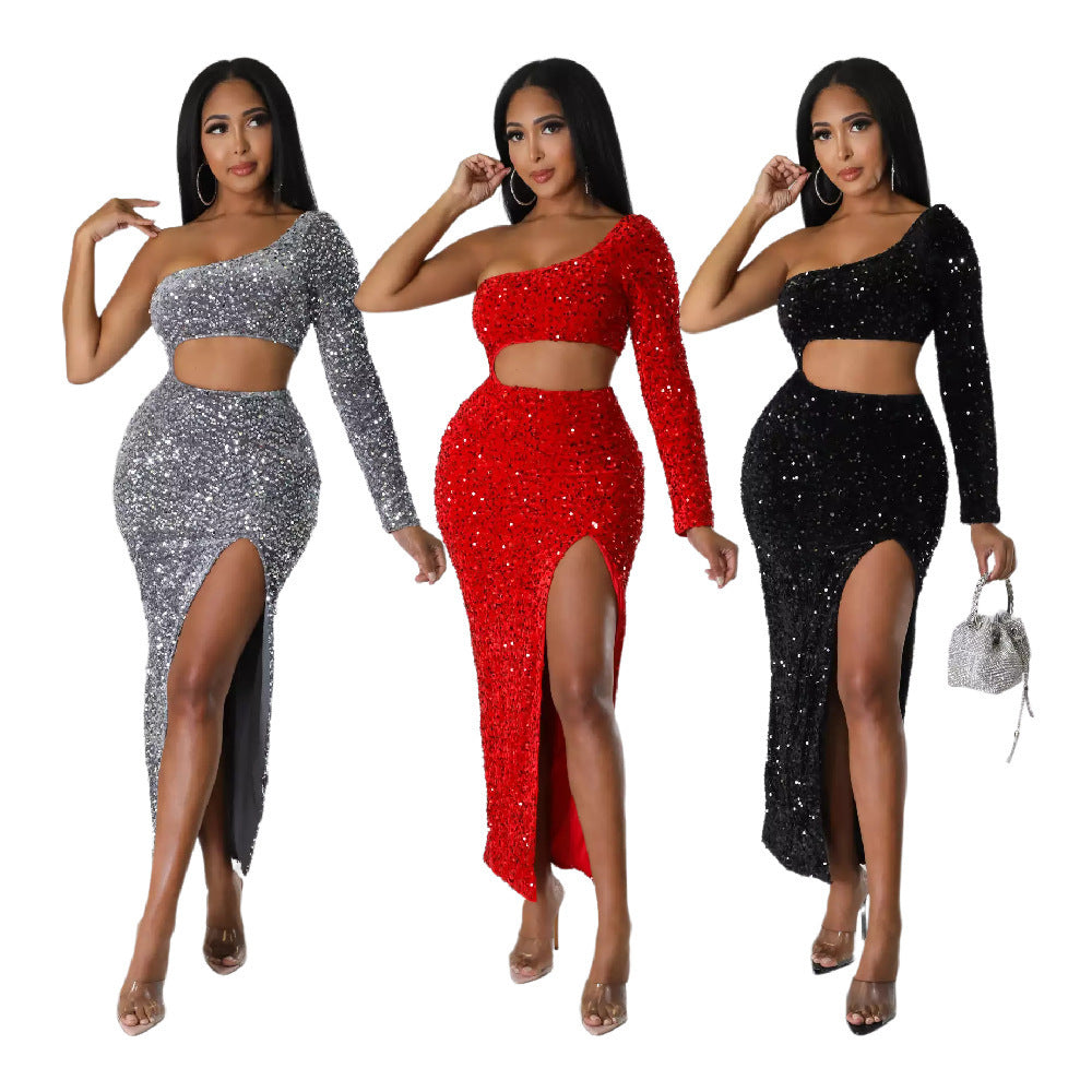 One-shoulder Fashionable Sequins Sexy Navel Split Hip Women's Clothing Dress