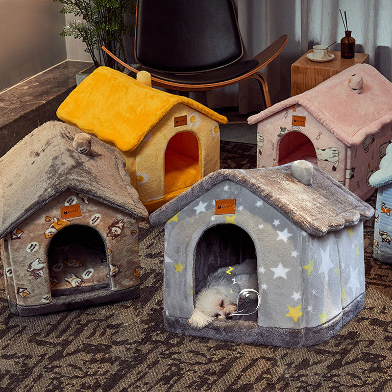 Foldable Dog House & Cat Bed – Winter Pet Villa with Removable Warm Nest