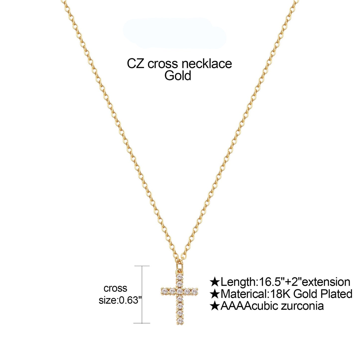 18K Gold Plated Cross Necklace with Zircon – Stainless Steel & Copper