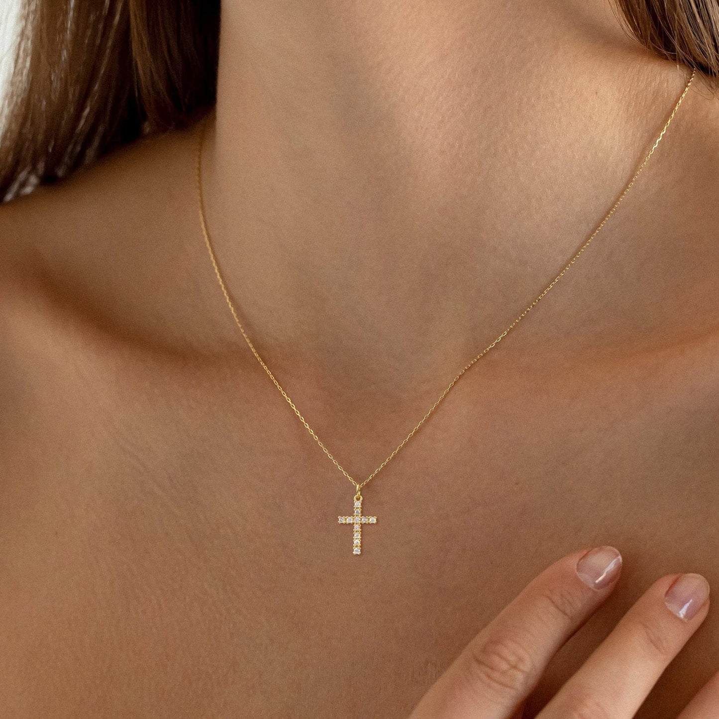 18K Gold Plated Cross Necklace with Zircon – Stainless Steel & Copper