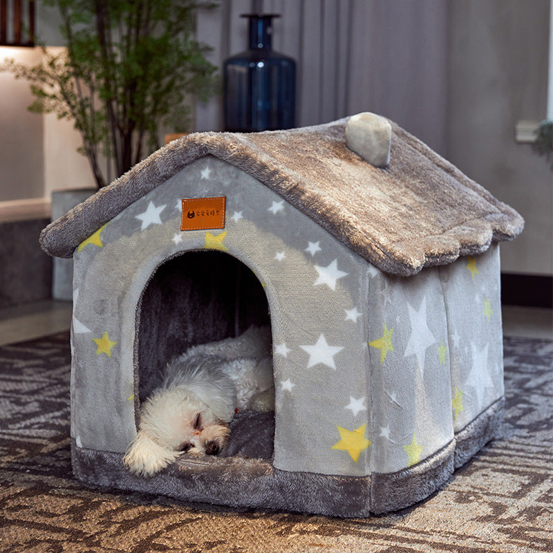 Foldable Dog House & Cat Bed – Winter Pet Villa with Removable Warm Nest