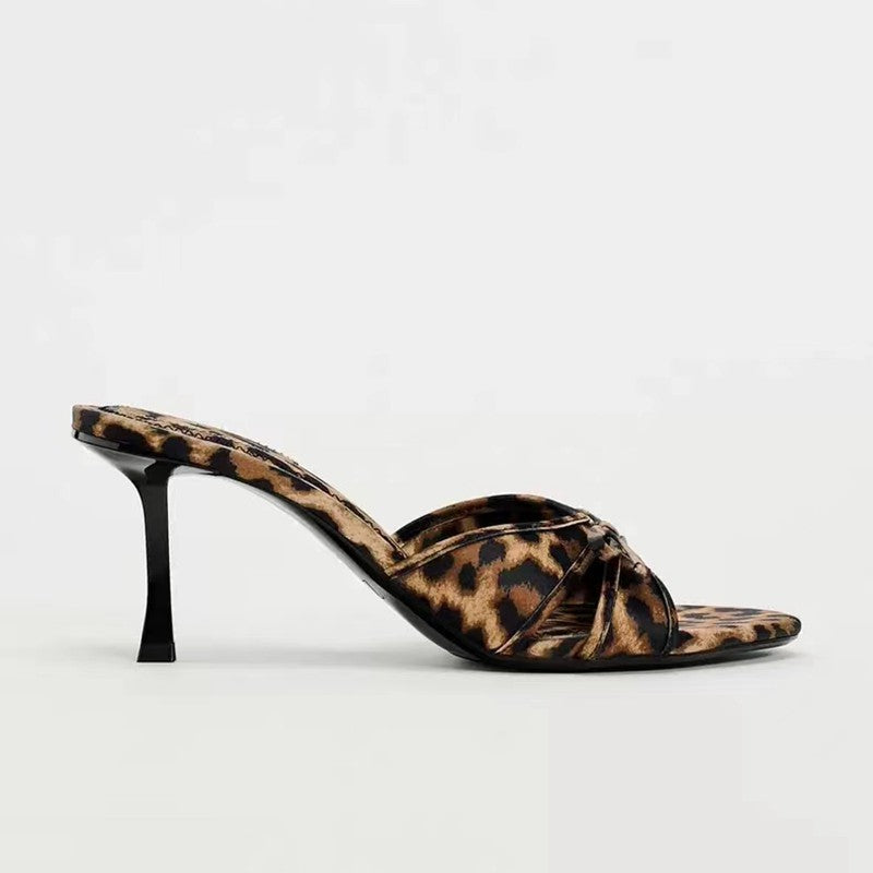 Bow Leopard Print Kitten Heel Sandals