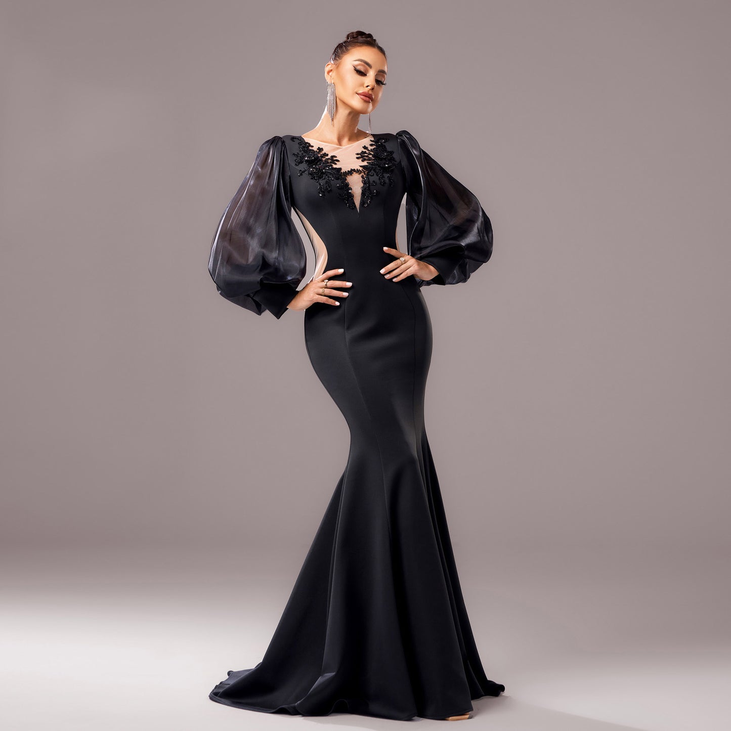 Long Sleeve Round Neck Banquet Applique Sheath Fishtail Dress