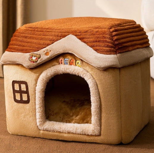 Foldable Dog House & Cat Bed – Winter Pet Villa with Removable Warm Nest