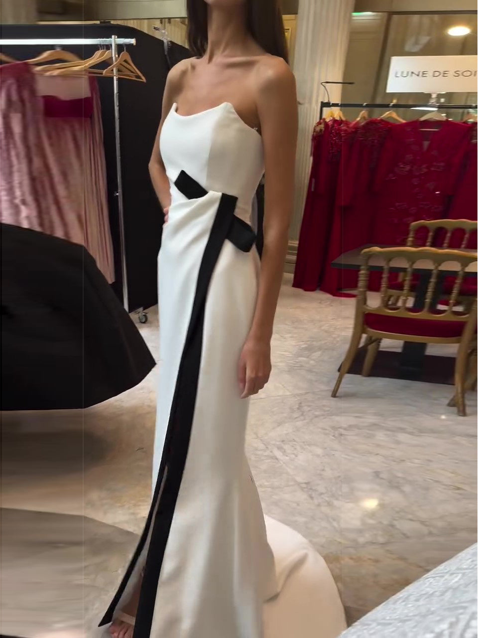 Strapless Black And White Contrasting Slit Dress