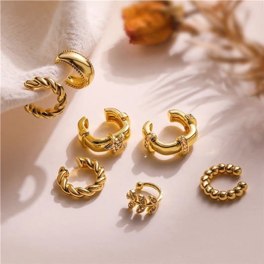 18K Gold Plated Leaf Twist Copper Zircon Ear Cuffs (1 Pair)